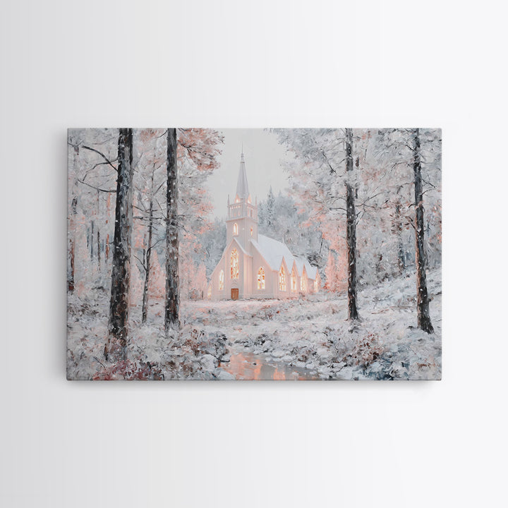 Winter Chapel Glow – Framed Canvas Print – Christian Wall Art – Christmas Art Prints – Christian Christmas Decor – Modern Christmas Art – C