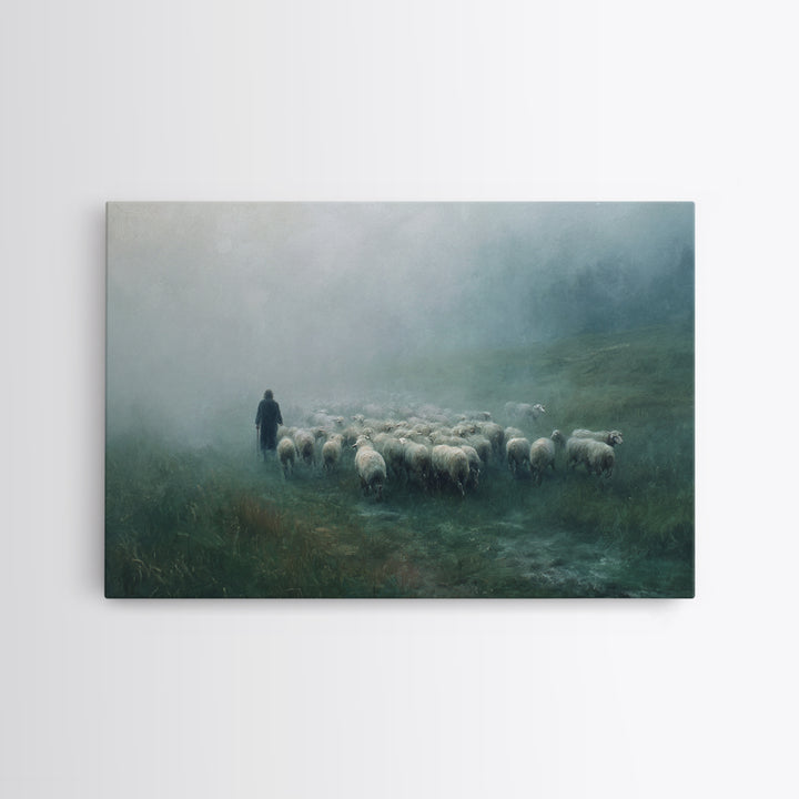 Misty Pasture Dawn, Framed Canvas Print, Christian Wall Art, Moody Christian Art, Christian Christmas Art, Christian Art Canvas, Subtle Chr