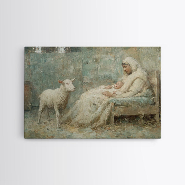 Nativity Stillness, Framed Canvas Print, Christian Wall Art, Christmas Canvas Wall Art, Jesus Painting, Moody Christmas Art, Christian Art