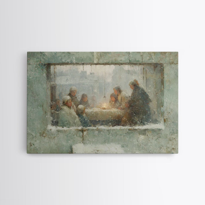Sacred Night Window, Framed Canvas Print, Christian Art Canvas, Christian Christmas Art, Jesus Painting, Christmas Wall Art, Christian Art