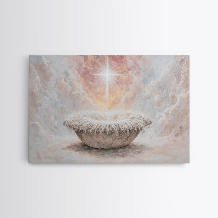 Heavenly Cradle Glow – Framed Canvas Print – Christian Art Canvas – Framed Christian Art – Christmas Wall Art – Vintage Christmas Art