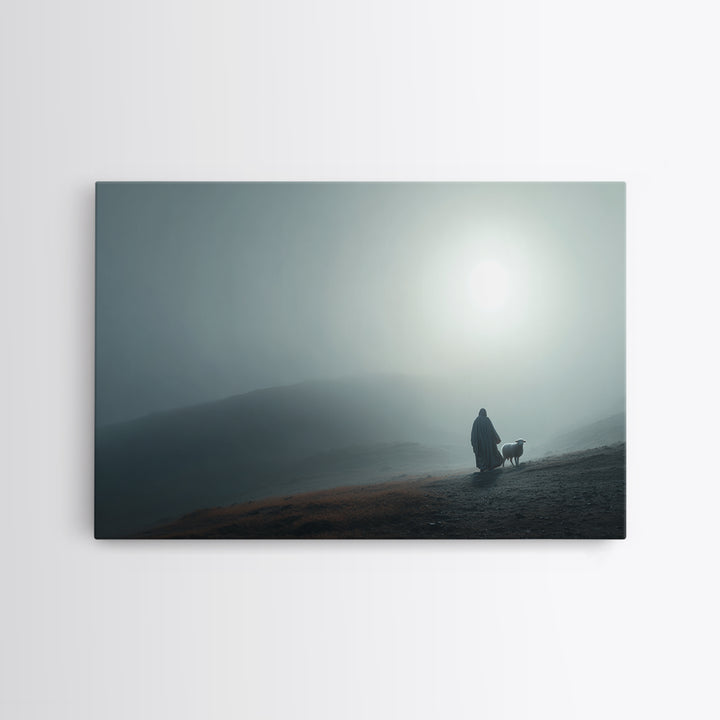 Misty Valley Shepherd – Framed Canvas Print – Christian Art Painting – Christian Decor – Blue Christian Art – Large Jesus Wall Art