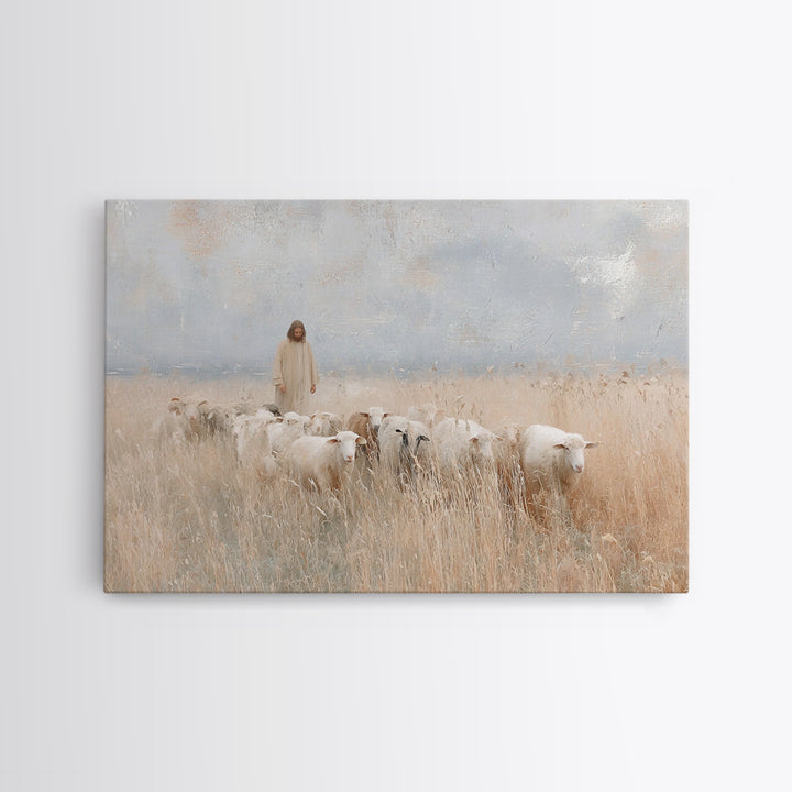 Golden Field Shepherd, Framed Canvas Print, Christian Art Canvas, Jesus Painting, Christian Wall Art, Christian Art Gift, Large Christian A