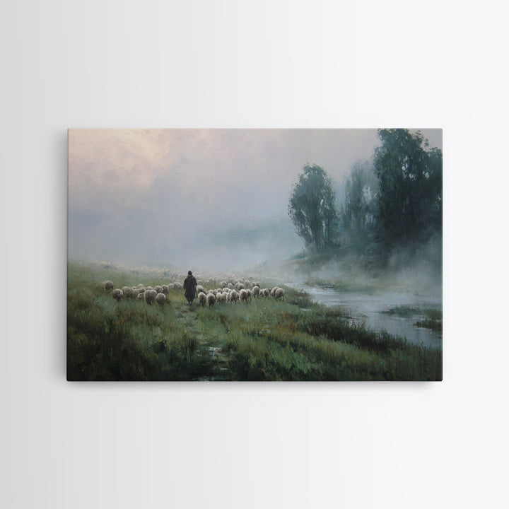 Misty River Flock | Framed Canvas Print | Christian Wall Art | Christian Painting | Christian Art Canvas | Subtle Christian Art | Christian