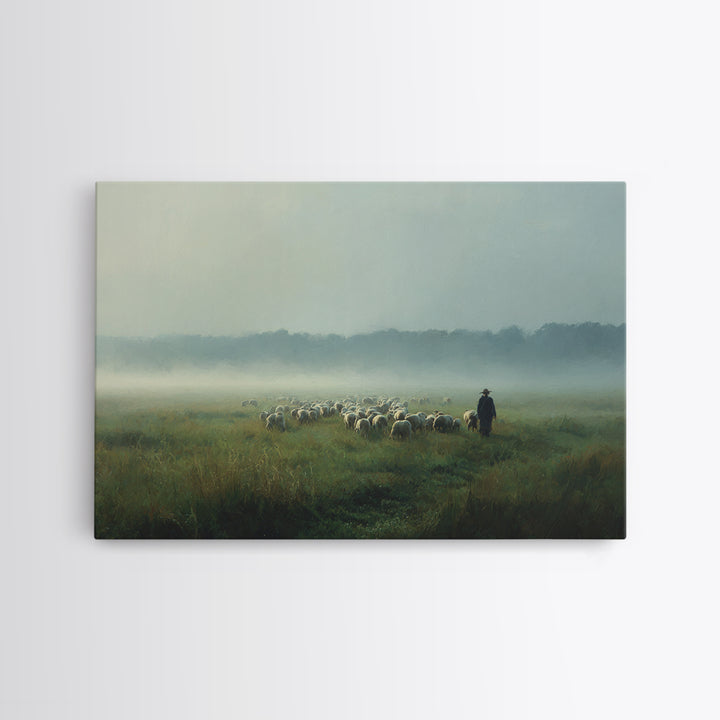 Morning Meadow Flock, Framed Canvas Print, Christian Art Work, Christian Wall Art, Jesus Painting, Large Christian Painting, Christian Art