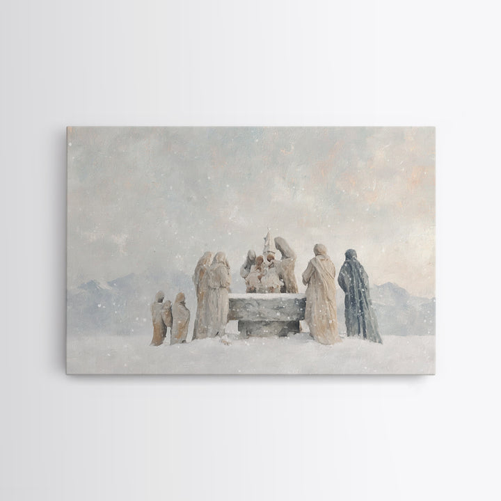 Snowfall Reverence – Framed Canvas Print – Christian Wall Art – Christian Art Canvas – Christmas Art – Jesus Christmas Art – Christian Gift