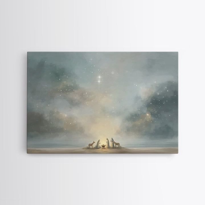 Starry Night Nativity – Framed Canvas Print – Christian Christmas Art – Christian Wall Art – Jesus Painting – Christmas Art Prints – Christ