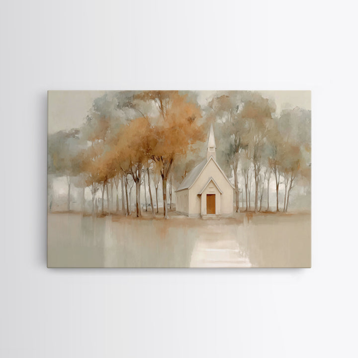 Evening Chapel Glow, Framed Canvas Print, Christian Wall Art, Christian Art Canvas, Moody Christmas Art, Christian Christmas Decor, Christi