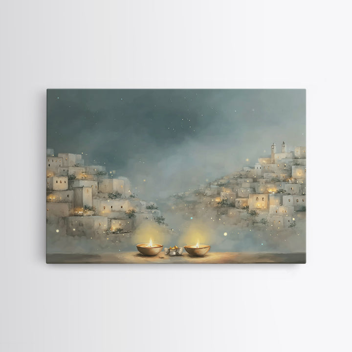 City Of Lights, Framed Canvas Print, Christmas Wall Art, Christian Christmas Art, Christian Decor For Home, Christian Art Print, Christian