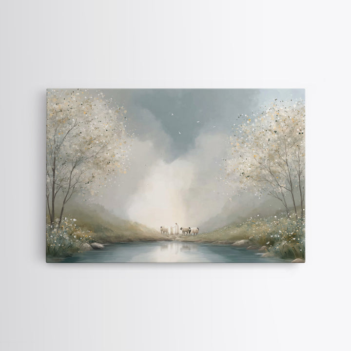 Riverside Dawn Peace – Framed Canvas Print – Christian Wall Art – Christian Art Canvas – Pastoral Scenery – Christian Art Prints – Christia