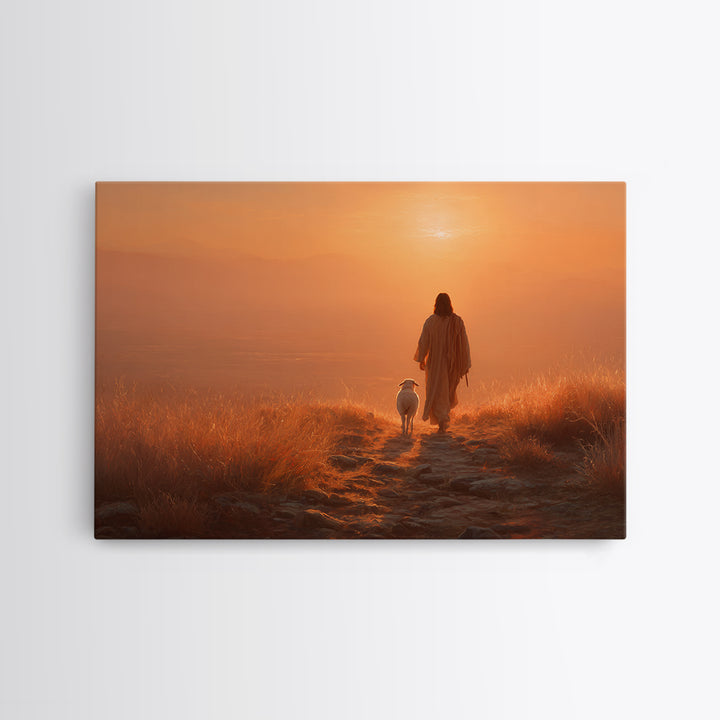 Sunset Shepherd Peace – Framed Canvas Print – Christian Wall Art – Christian Art Canvas – Pastoral Scenery – Christian Painting – Christian
