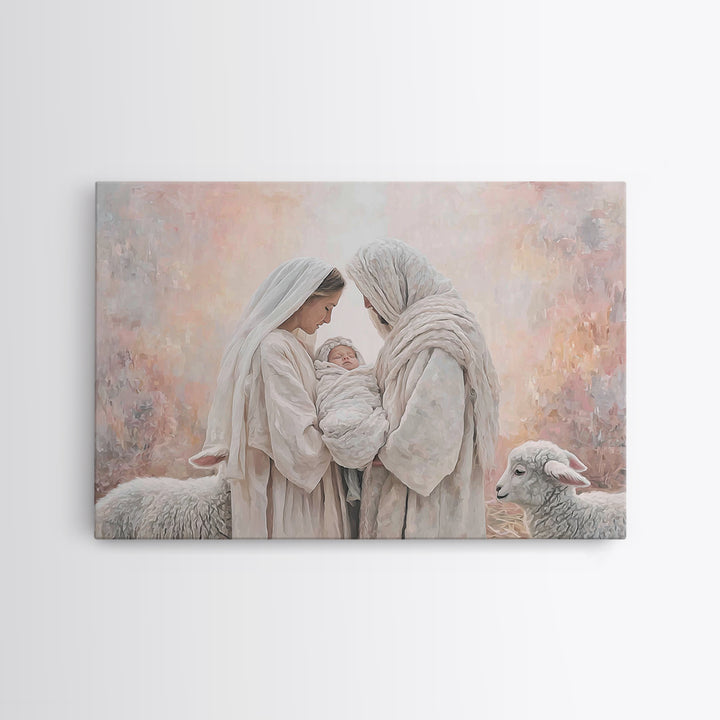 Wooden Nativity Glow, Framed Canvas Print, Christian Art Canvas, Christian Wall Art, Jesus Painting, Christian Christmas Art, Christmas Art