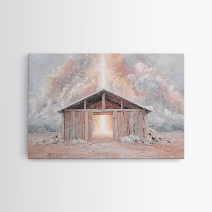Heaven’s Stable Fire, Framed Canvas Print, Christian Art Canvas, Christian Wall Art, Christian Christmas Art, Christmas Art Prints, Jesus P