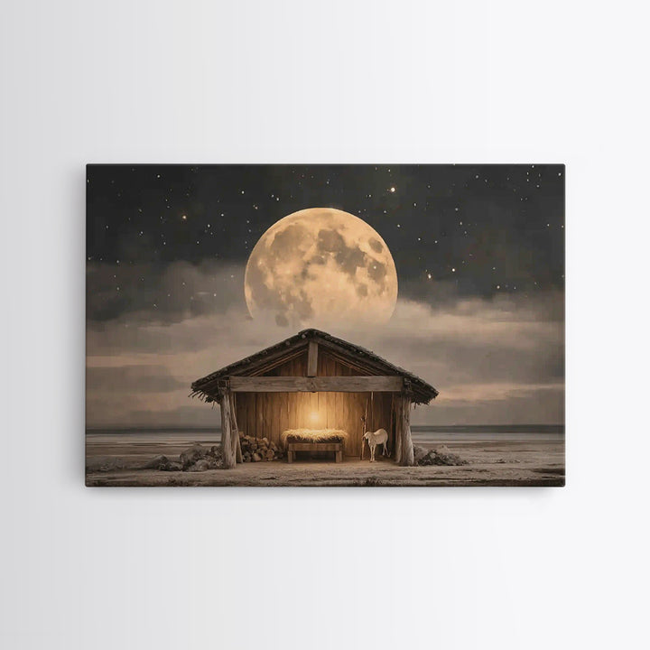 Starlit Holy Shelter, Framed Canvas Print, Christian Christmas Art, Jesus Painting, Christian Wall Art, Christmas Art Prints, Christian Art