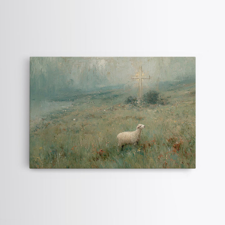 Hillside Lamb Hope – Framed Canvas Print – Christian Christmas Art – Christian Wall Art – Jesus Painting – Christian Art Canvas – Vintage C