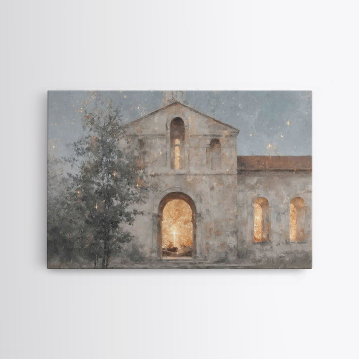 Starry Chapel Glow – Framed Canvas Print – Christian Wall Art – Christian Art Canvas – Christmas Art – Christian Christmas Decor – Jesus Ch