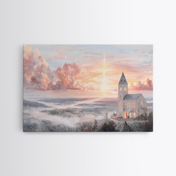 Dawn Over The Steeple, Framed Canvas Print, Christian Wall Art, Christian Art Canvas, Christian Art, Christian Decorations, Christian Gift