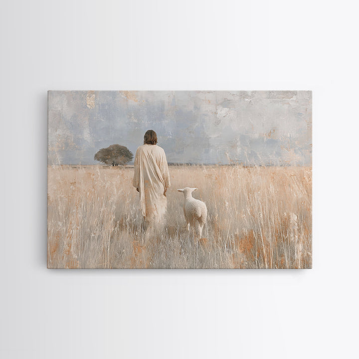 Gentle Shepherd Dawn - Framed Canvas Print - Christian Wall Art - Jesus Painting - Christian Art Canvas - Christian Decor - Pastoral Scener