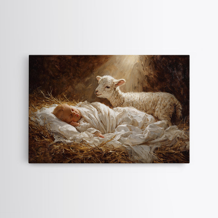 Silent Straw Blessing | Framed Canvas Print | Christian Art Canvas | Christian Christmas Art | Christian Wall Art | Jesus Painting