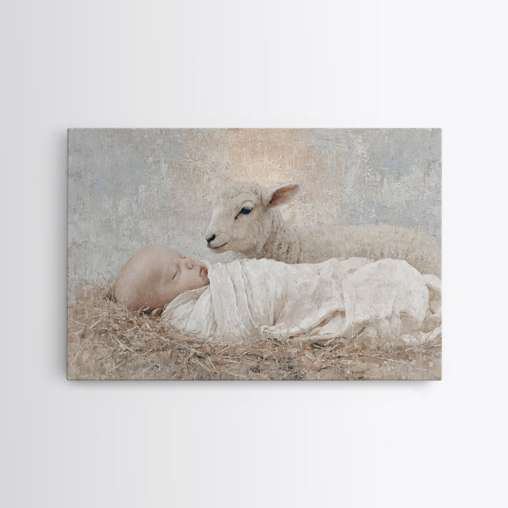 Little Lamb Grace, Framed Canvas Print, Christian Wall Art, Christian Art Canvas, Christmas Art, Christian Painting
