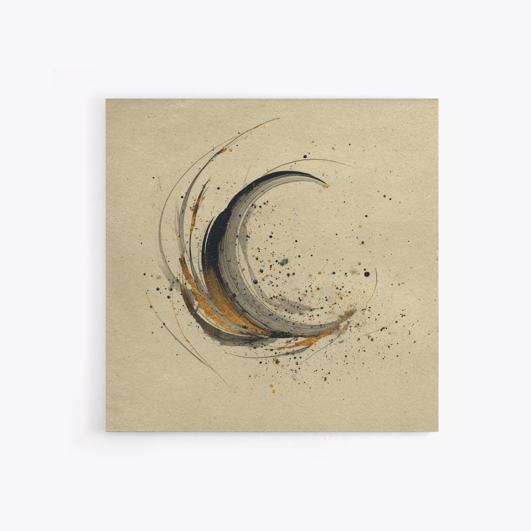 Crescent Moon Made from Elegant Ink Swashes Framed Canvas Print, Calligraphy Art, Japanese Decor, Living Room Decor, Script, CAL-1x1-21
