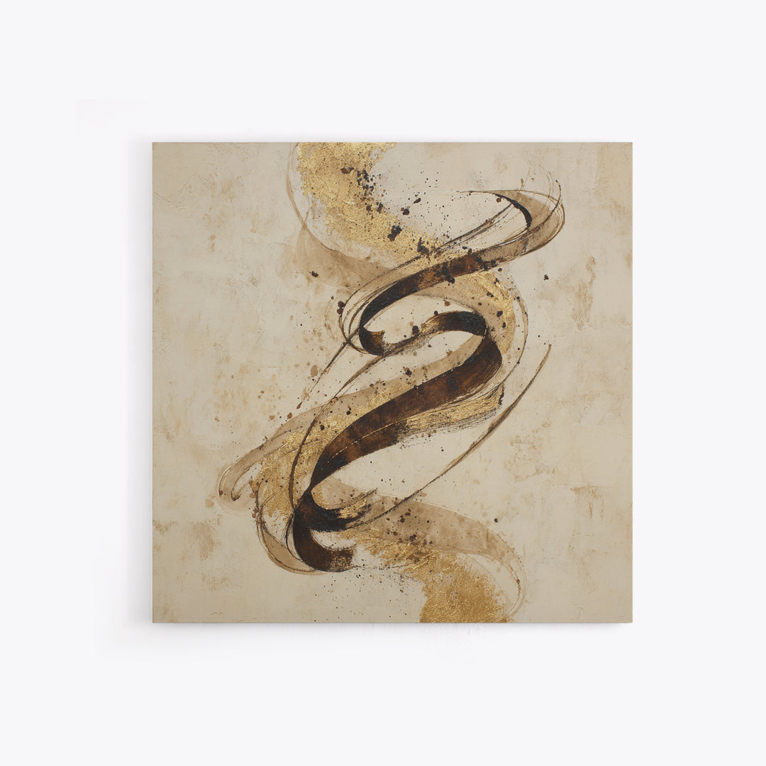 Gold Leaf Calligraphic Spiral on Plaster Surface Canvas Print, Calligraphy Art, Gallery Wall Set, Living Room Decor, Script, CAL-1x1-38