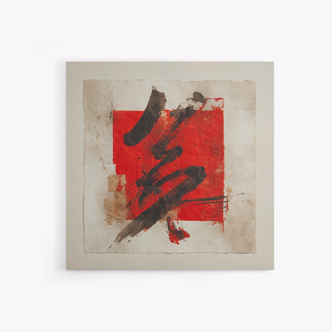 Bold Red Brushstroke Seal Abstraction Framed Canvas Print, Calligraphy Art, Gallery Decor, Living Room Decor, Fine Art, Script, CAL-1x1-67