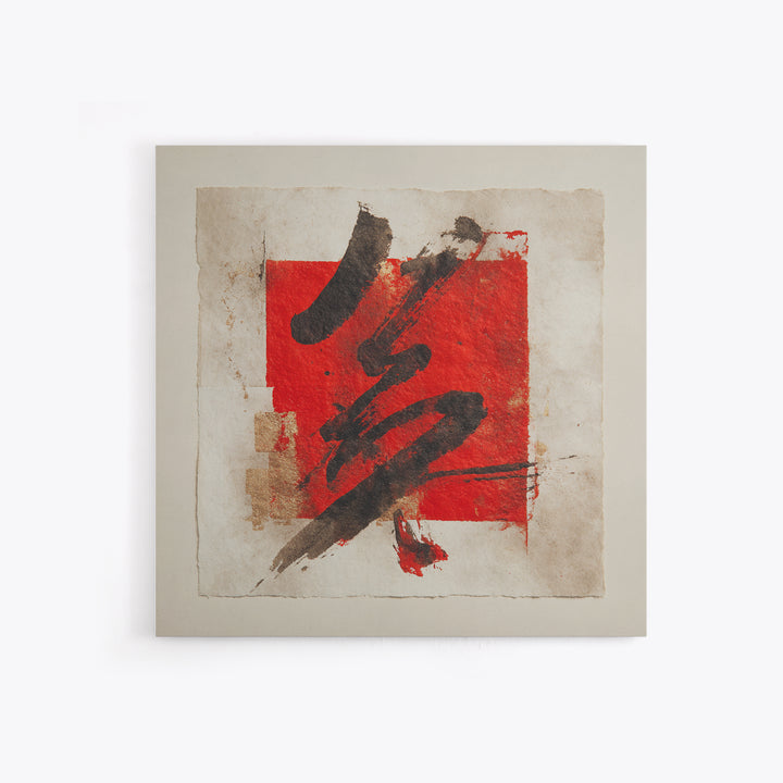 Bold Red Brushstroke Seal Abstraction Framed Canvas Print, Calligraphy Art, Gallery Decor, Living Room Decor, Fine Art, Script, CAL-1x1-67