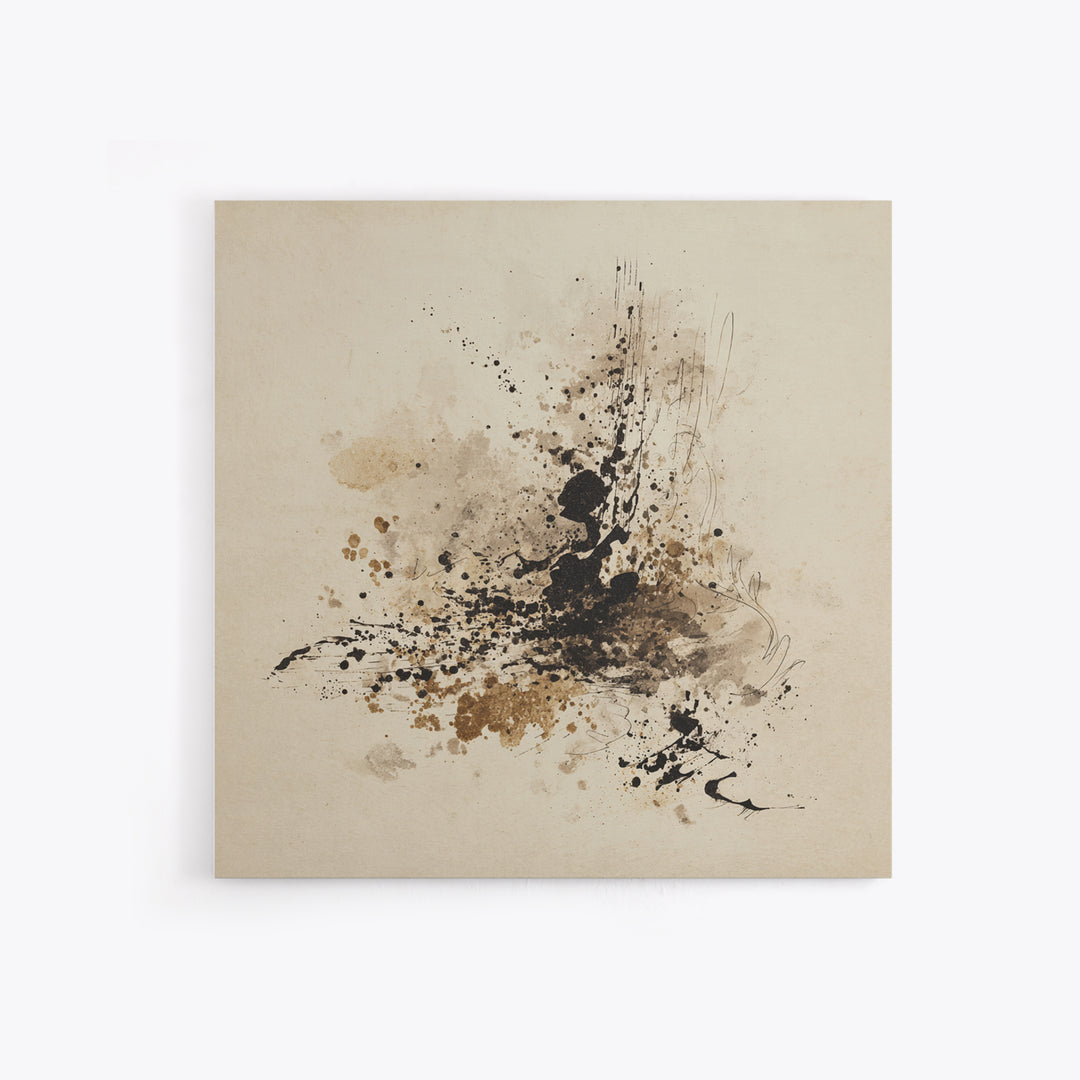 Ink Splatter and Long Brushstroke Composition Canvas Print, Calligraphy Art, Textured Painting, Living Room Decor, Script, CAL-1x1-88