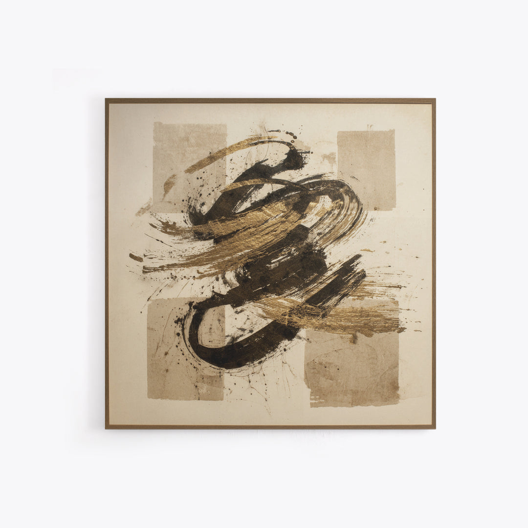 Abstract Gold Calligraphic Strokes on Ivory Paper Canvas Print, Calligraphy Art, Boho Decor, Living Room Decor, Script, CAL-1x1-98