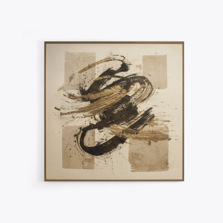 Abstract Gold Calligraphic Strokes on Ivory Paper Canvas Print, Calligraphy Art, Boho Decor, Living Room Decor, Script, CAL-1x1-98