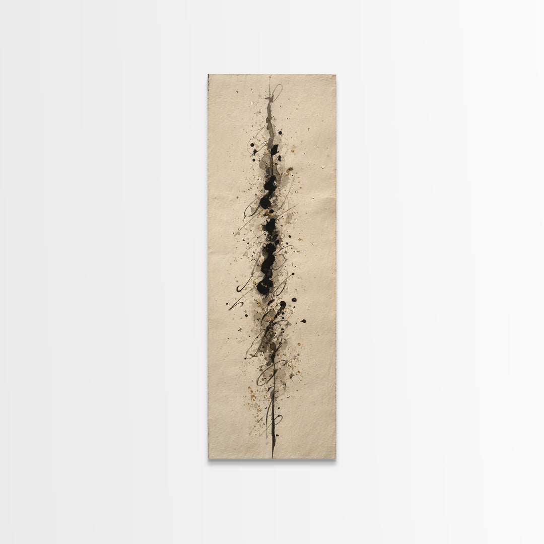 Ink Splatter and Long Brushstroke Composition Canvas Print, Calligraphy Art, Bedroom Wall Decor, Living Room Decor, Script, CAL-1x3-100