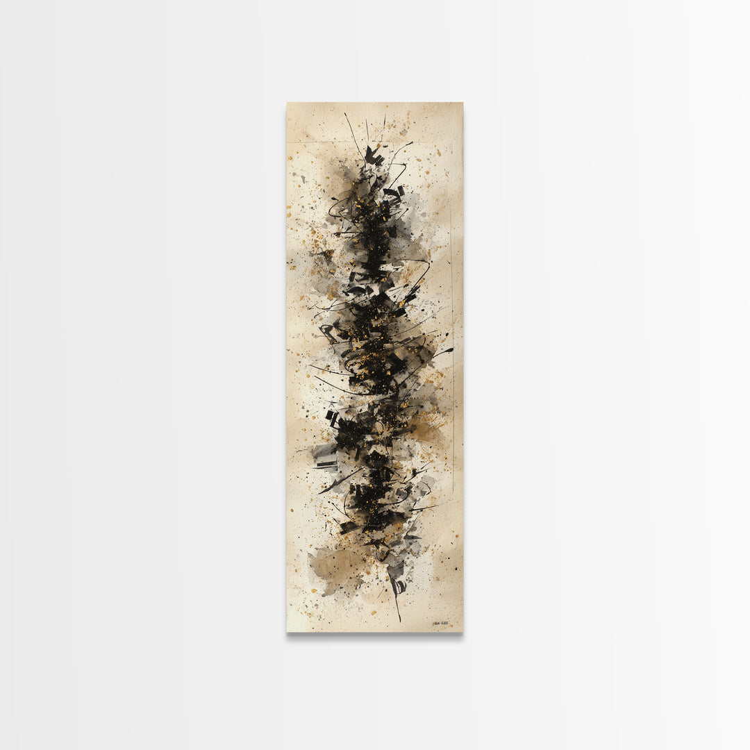 Monochrome Brush Alphabet Fragments as Abstract Texture Canvas Print, Calligraphy Art, Japanese Decor, Living Room Decor, CAL-1x3-49