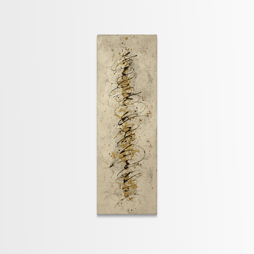 Gold Leaf Calligraphic Spiral on Plaster Surface Canvas Print, Calligraphy Art, Quote Wall Art, Living Room Decor, Script, CAL-1x3-50