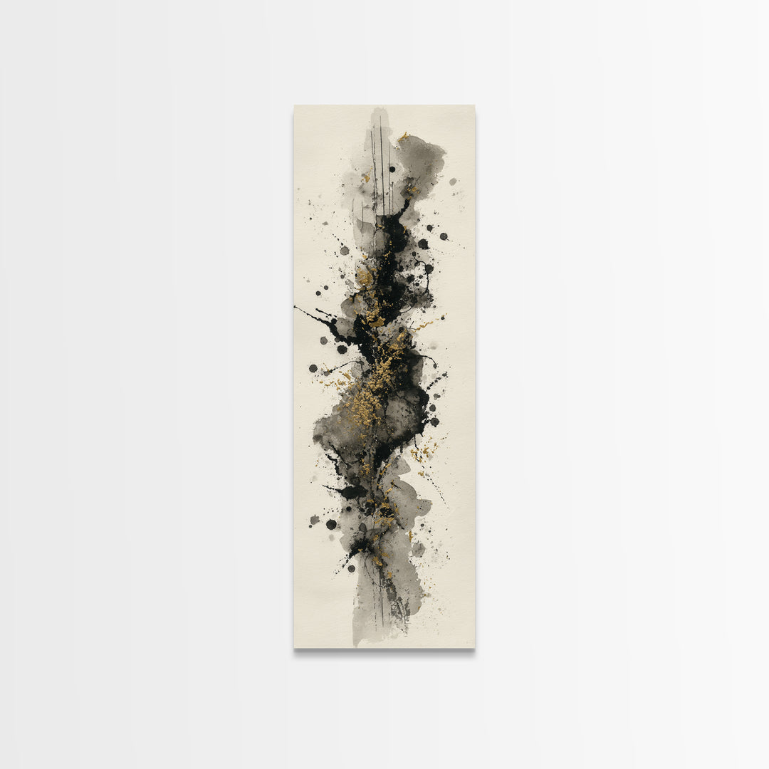 Ink Splatter and Long Brushstroke Composition Framed Canvas Print, Calligraphy Art, Home Decor, Living Room Decor, Script, CAL-1x3-52