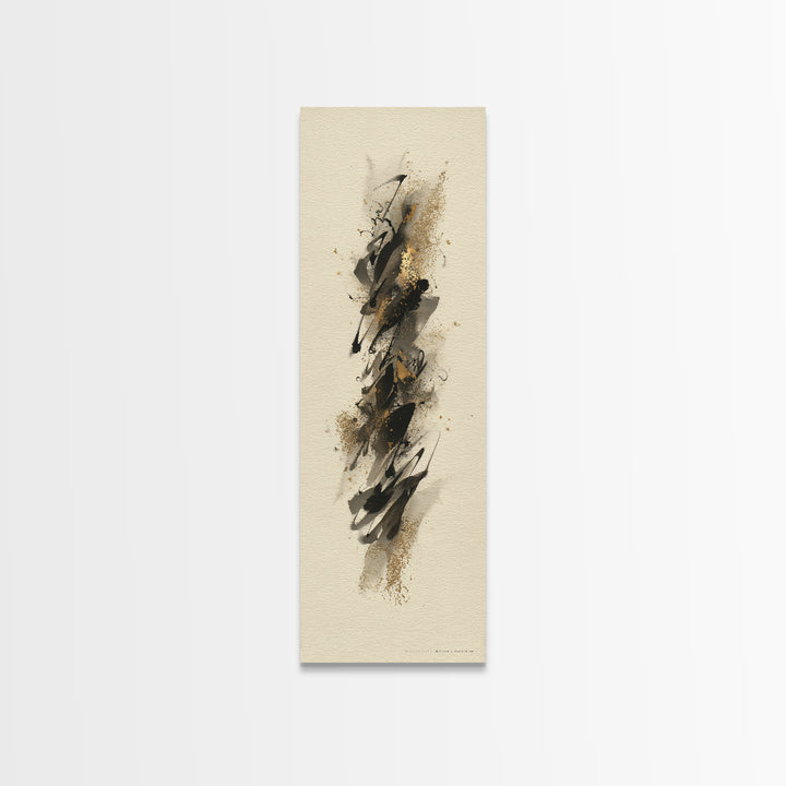 Abstract Gold Calligraphic Strokes on Ivory Paper Canvas Print, Calligraphy Art, Neutral Decor, Living Room Decor, Script, CAL-1x3-62