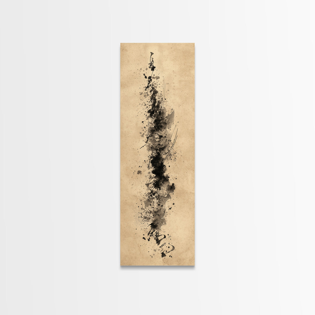 Ink Splatter and Long Brushstroke Composition Framed Canvas Print, Calligraphy Art, Calligraphy, Living Room Decor, Script, CAL-1x3-76