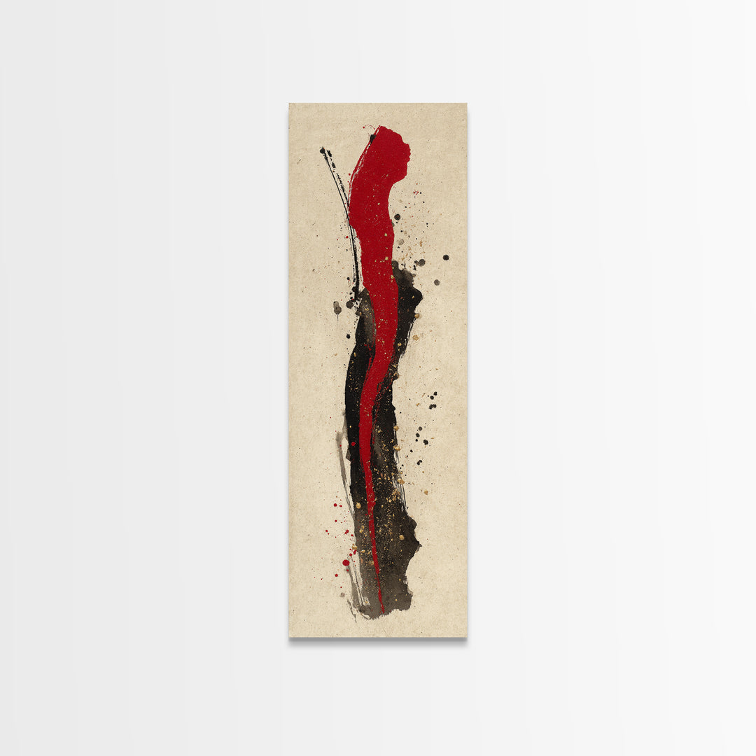 Bold Red Brushstroke Seal Abstraction Framed Canvas Print, Calligraphy Art, Japanese Art, Living Room Decor, Fine Art, Script, CAL-1x3-79