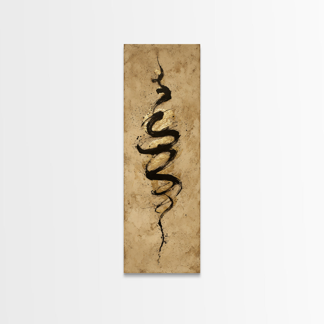 Gold Leaf Calligraphic Spiral on Plaster Surface Canvas Print, Calligraphy Art, Statement Artwork, Living Room Decor, Script, CAL-1x3-98