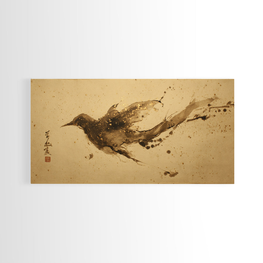 Calligraphic Bird Shape Formed from Flowing Lines Framed Canvas Print, Calligraphy Art, Modern Art, Living Room Decor, Script, CAL-2x1-100