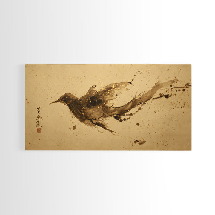 Calligraphic Bird Shape Formed from Flowing Lines Framed Canvas Print, Calligraphy Art, Modern Art, Living Room Decor, Script, CAL-2x1-100