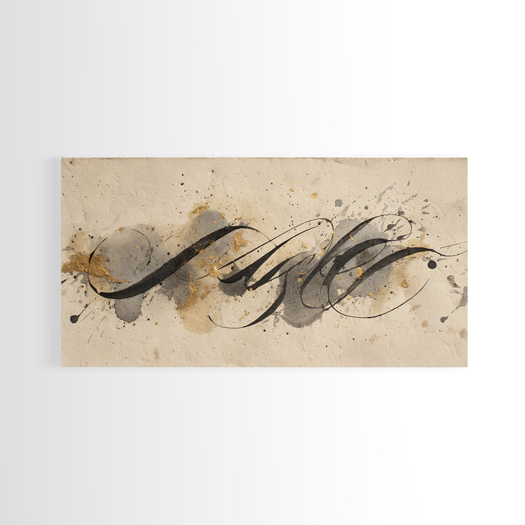 Ink Splatter and Long Brushstroke Composition Framed Canvas Print, Calligraphy Art, Art Print, Living Room Decor, Script, CAL-2x1-12