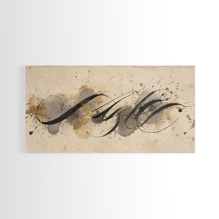 Ink Splatter and Long Brushstroke Composition Framed Canvas Print, Calligraphy Art, Art Print, Living Room Decor, Script, CAL-2x1-12