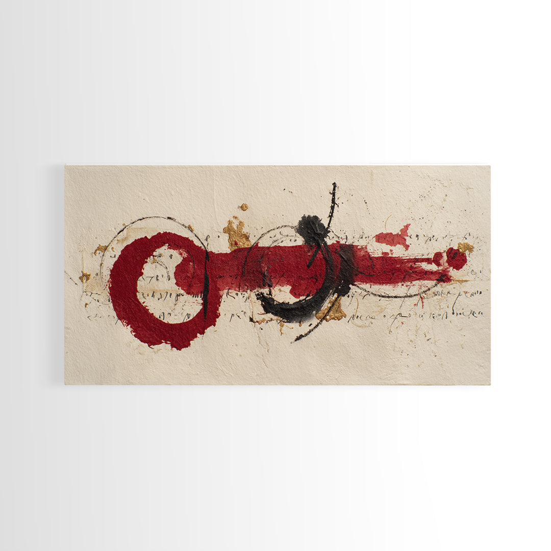 Bold Red Brushstroke Seal Abstraction Framed Canvas Print, Calligraphy Art, Minimalist Decor, Living Room Decor, Script, CAL-2x1-15