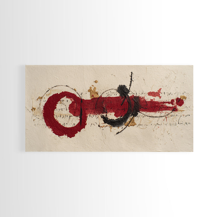 Bold Red Brushstroke Seal Abstraction Framed Canvas Print, Calligraphy Art, Minimalist Decor, Living Room Decor, Script, CAL-2x1-15