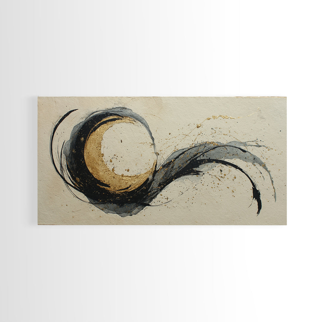 Crescent Moon Made from Elegant Ink Swashes Canvas Print, Calligraphy Art, Contemporary Art, Living Room Decor, Script, CAL-2x1-17