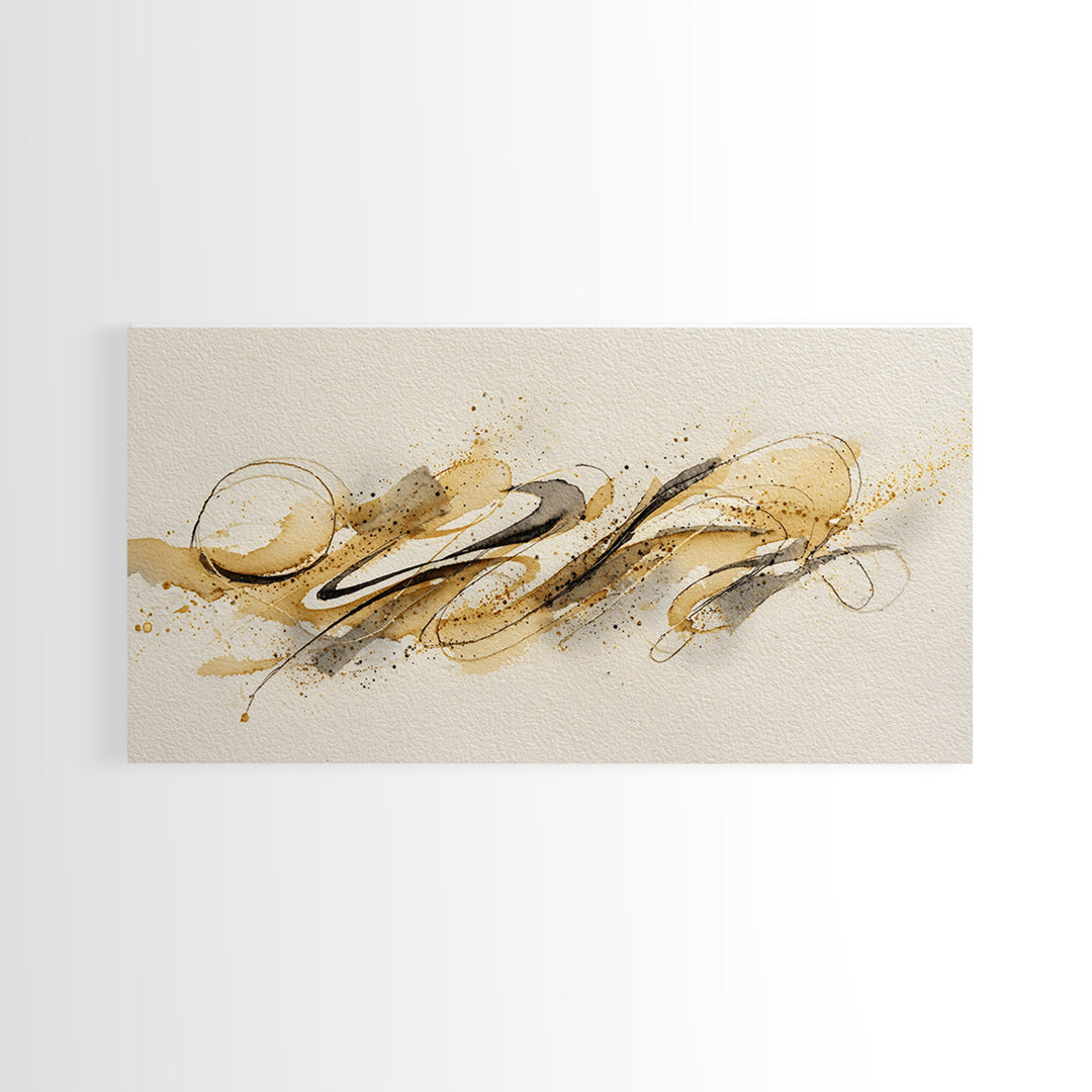 Abstract Gold Calligraphic Strokes on Ivory Paper Canvas Print, Calligraphy Art, Boho Decor, Living Room Decor, Script, CAL-2x1-22