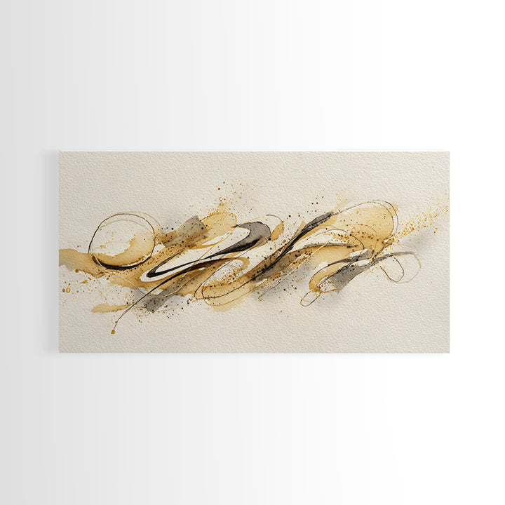 Abstract Gold Calligraphic Strokes on Ivory Paper Canvas Print, Calligraphy Art, Boho Decor, Living Room Decor, Script, CAL-2x1-22