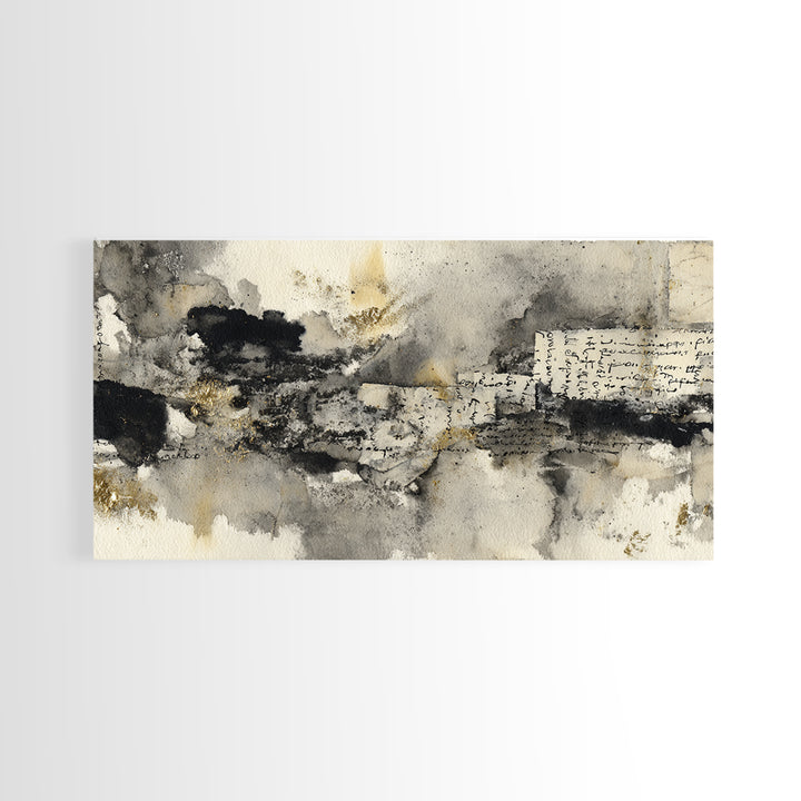 Monochrome Brush Alphabet Fragments as Abstract Texture Canvas Print, Calligraphy Art, Living Room Decor, Script, CAL-2x1-33