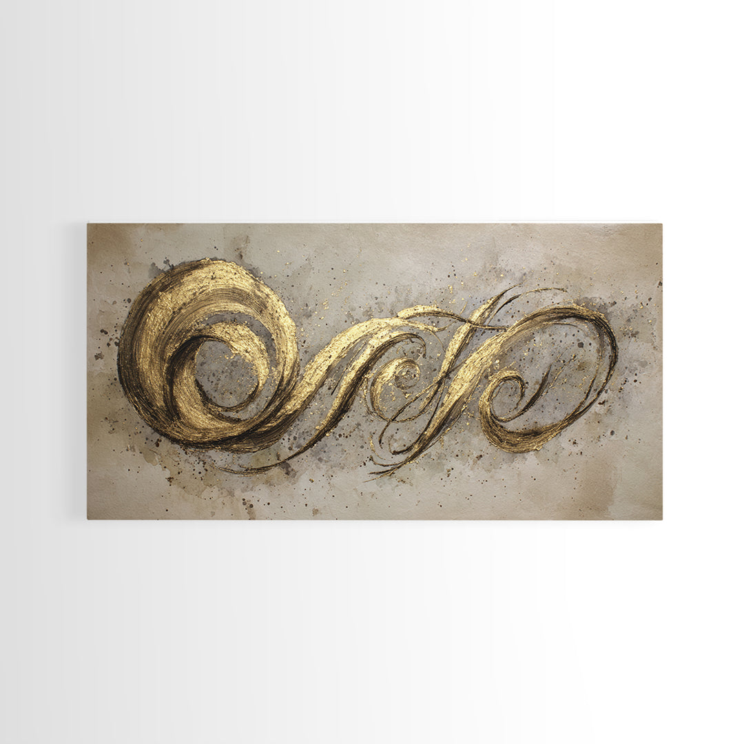 Gold Leaf Calligraphic Spiral on Plaster Surface Canvas Print, Calligraphy Art, Art Print, Living Room Decor, Script, CAL-2x1-34